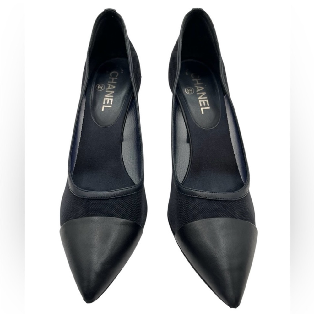 CHANEL Mesh Cap Toe Pumps 39.5 Navy CC Logo Heels Cruise 2014 Karl Lagerfeld - Picture 11 of 15